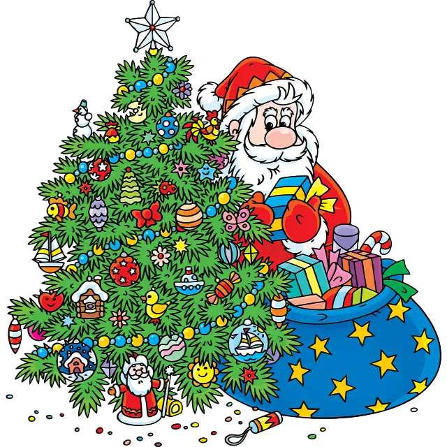 Santa und Weihnachtsbaum Farbbild