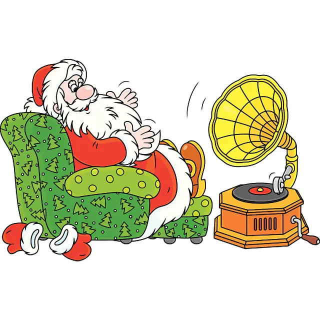Weihnachtsmann hört Musik Farbbild