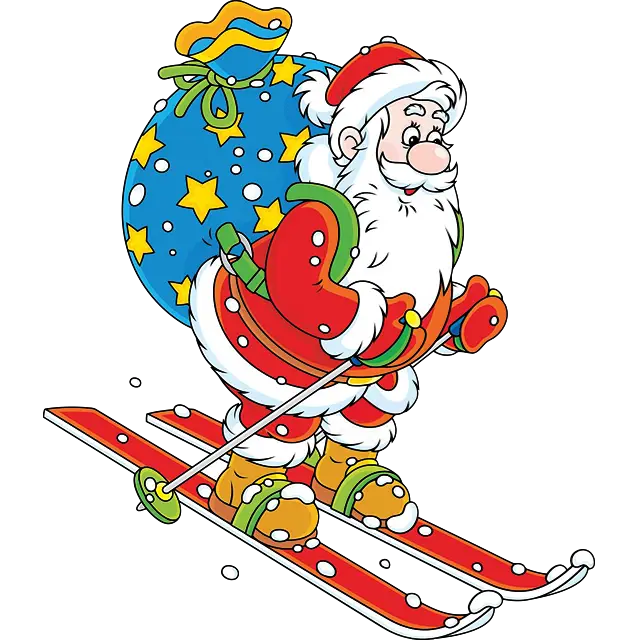 Weihnachtsmann beim Skifahren mit Geschenken farbiges Bild