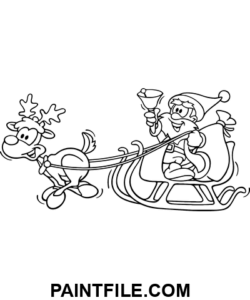 Weihnachtsmann mit Rentierschlitten und Glocke Ausmalbild