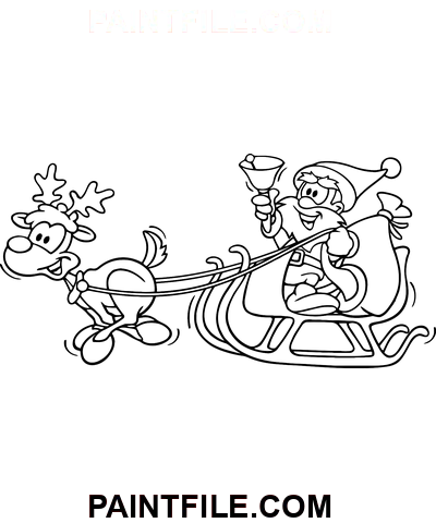 Weihnachtsmann mit Rentierschlitten und Glocke Ausmalbild