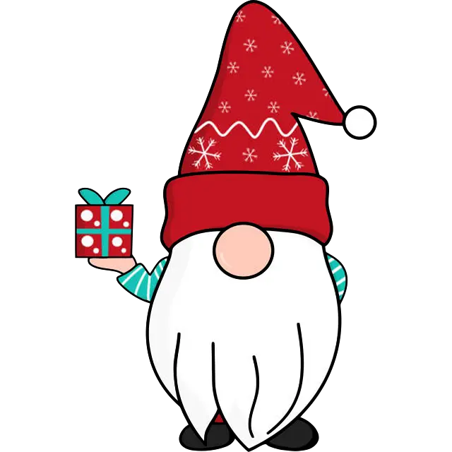 cute gnome in red snowflakes hat holding gift box colored