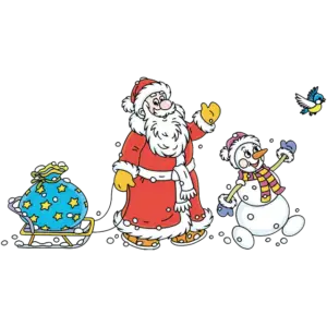 santa claus and snowman carrying gifts colored