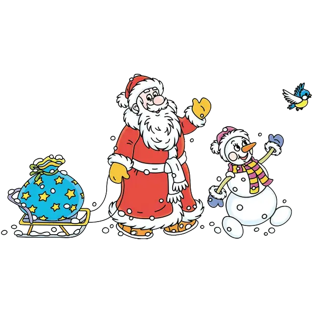 santa claus and snowman carrying gifts colored