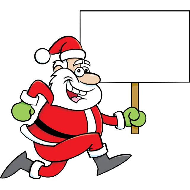 santa claus running while holding a sign colored