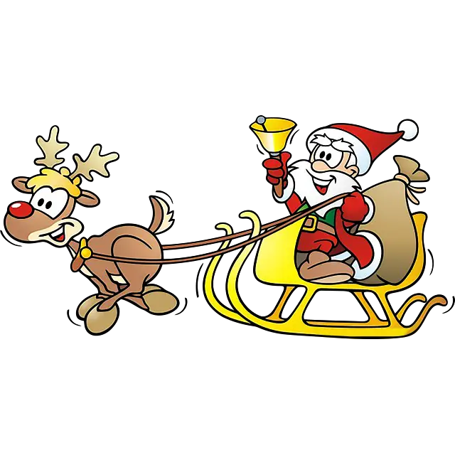 santa claus with reindeer sleigh and bell colored