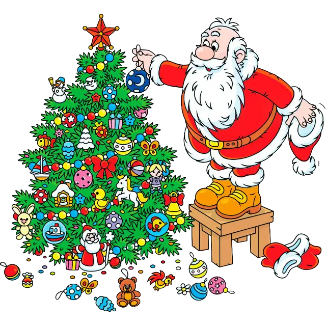 De kerstman versiert de boom gekleurde afbeelding