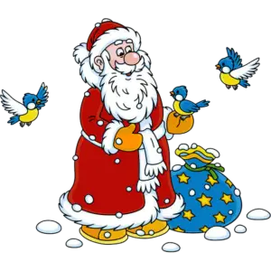 De kerstman en kleine vogels gekleurde afbeelding
