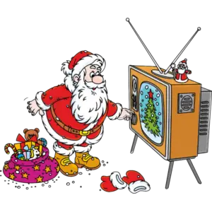 De kerstman zet zijn tv aan gekleurde afbeelding