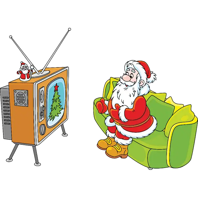 De kerstman kijkt tv gekleurde afbeelding