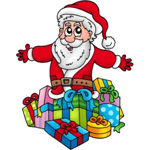 Święty Mikołaj ze stosem prezentów obraz kolorowy