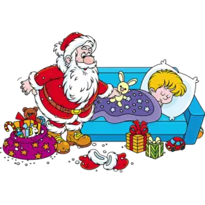Święty Mikołaj z prezentami dla chłopca obraz kolorowy