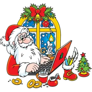 Jultomten med sin bärbara dator färgbild