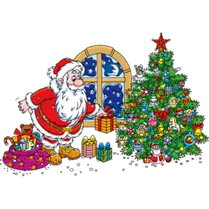 Jultomten med gåvor och träd färgbild