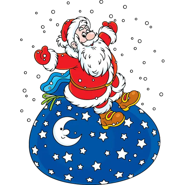 Santa Claus na pytli dárků barevný obrázek