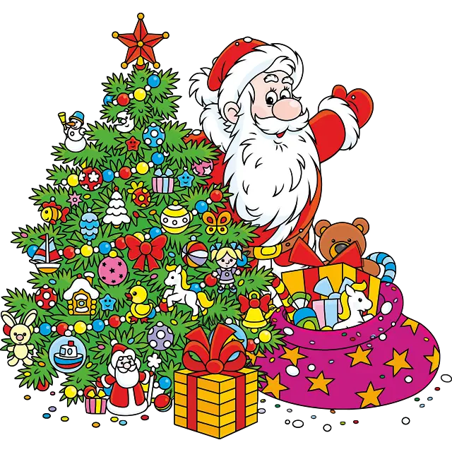 Santa s dárky mávající rukou barevný obrázek