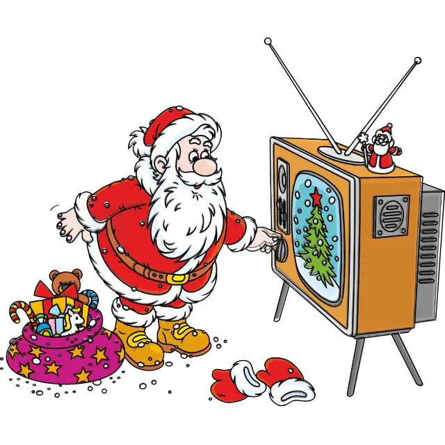 Moș Crăciun deschizând televizorul imagine colorată