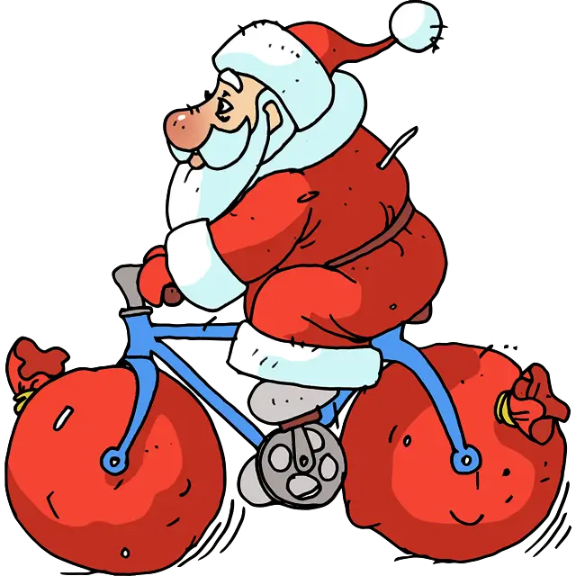 Санта на велосипеде цветная картинка