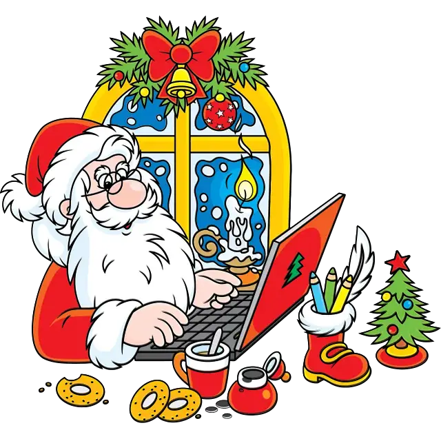 Санта-Клаус с ноутбуком цветная картинка