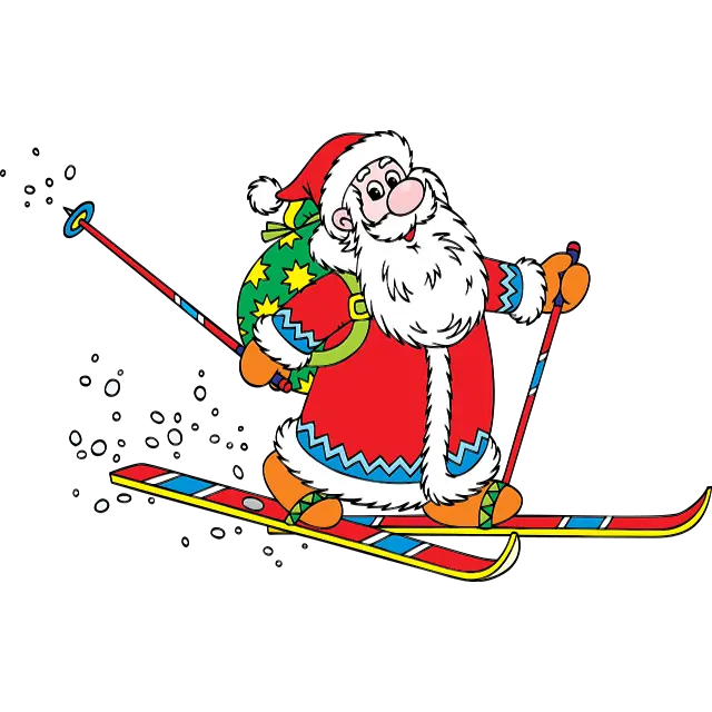 Дед Мороз катается на лыжах цветное изображение