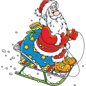 Санта катається на санках з подарунками кольорове зображення