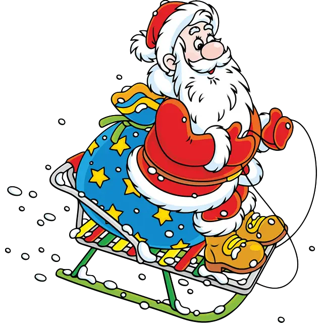 Санта катається на санках з подарунками кольорове зображення