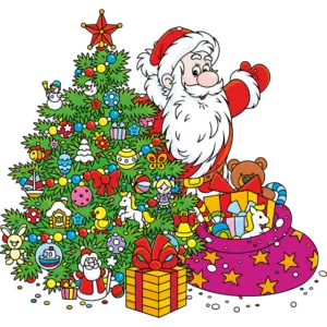 Санта з подарунками махає рукою кольорове зображення