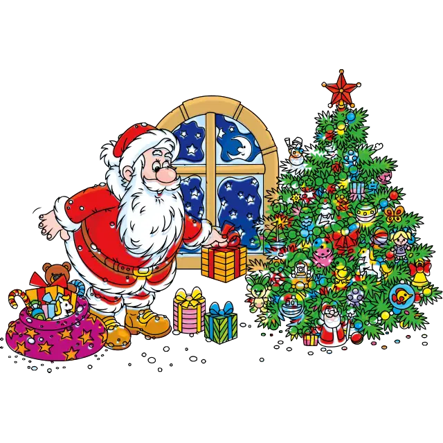 Joulupukki lahjoilla ja puulla värillinen kuva