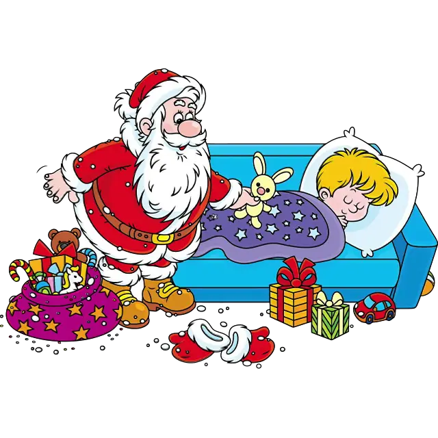 Joulupukki lahjoilla pojalle värillinen kuva