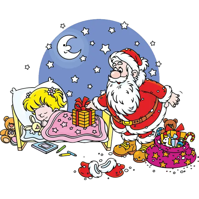 Joulupukki lahjoilla tytölle värillinen kuva